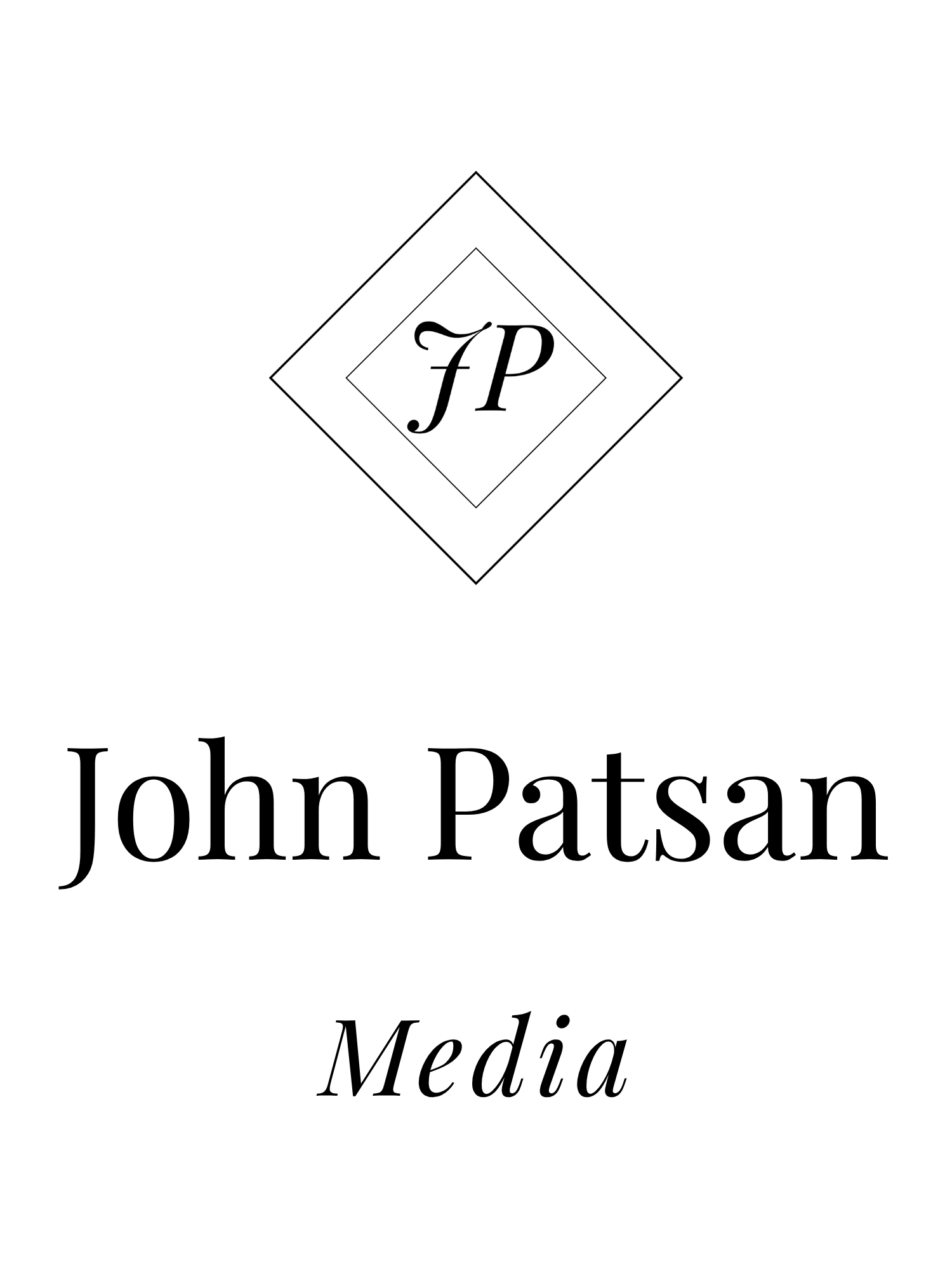 JP diamond monogram and John Patsan Media wordmark in typography on a solid background